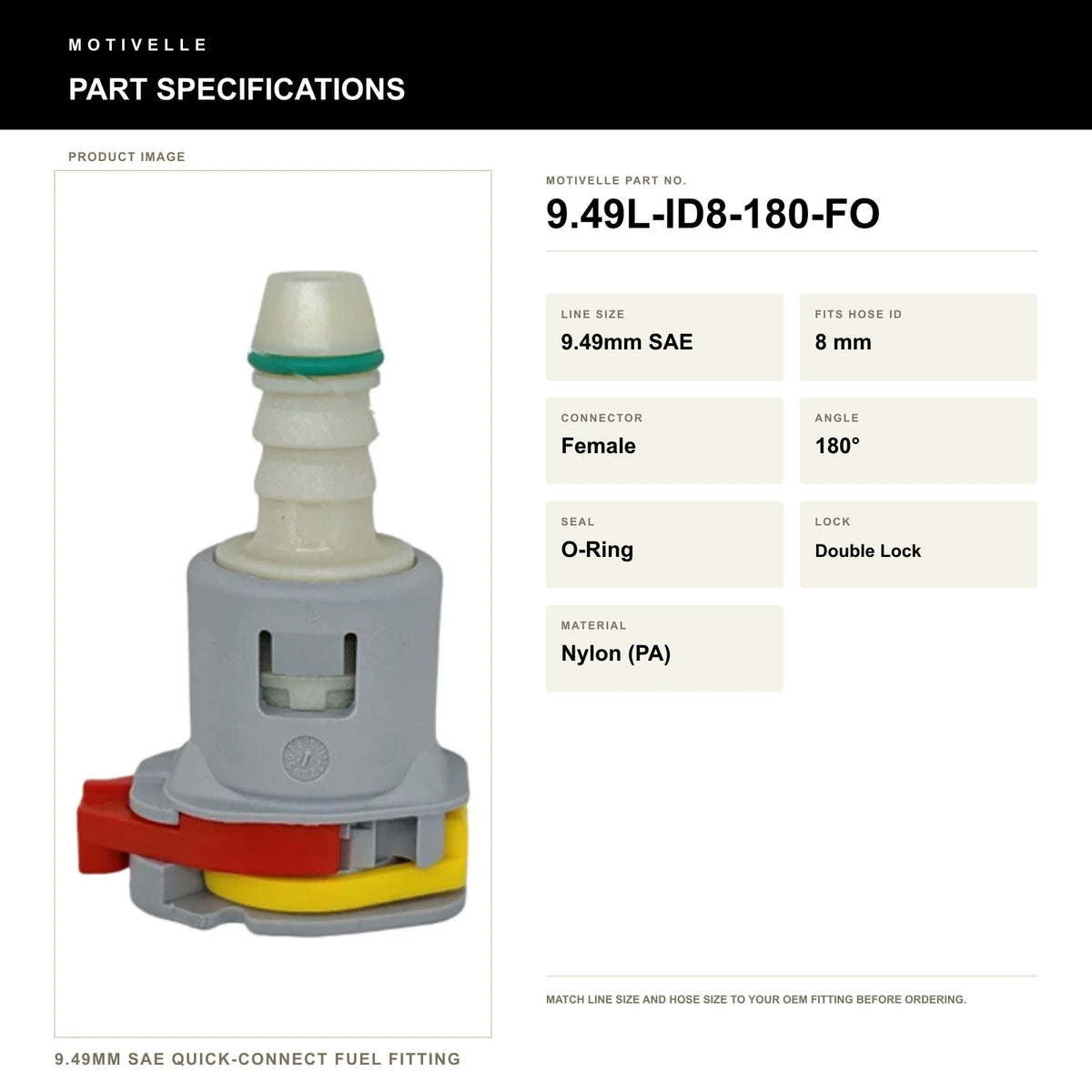 Motivelle 9.49mm SAE Quick-Connect Fuel Fitting — Female, 180°, O-Ring (9.49L-ID8-180-FO) - specifications