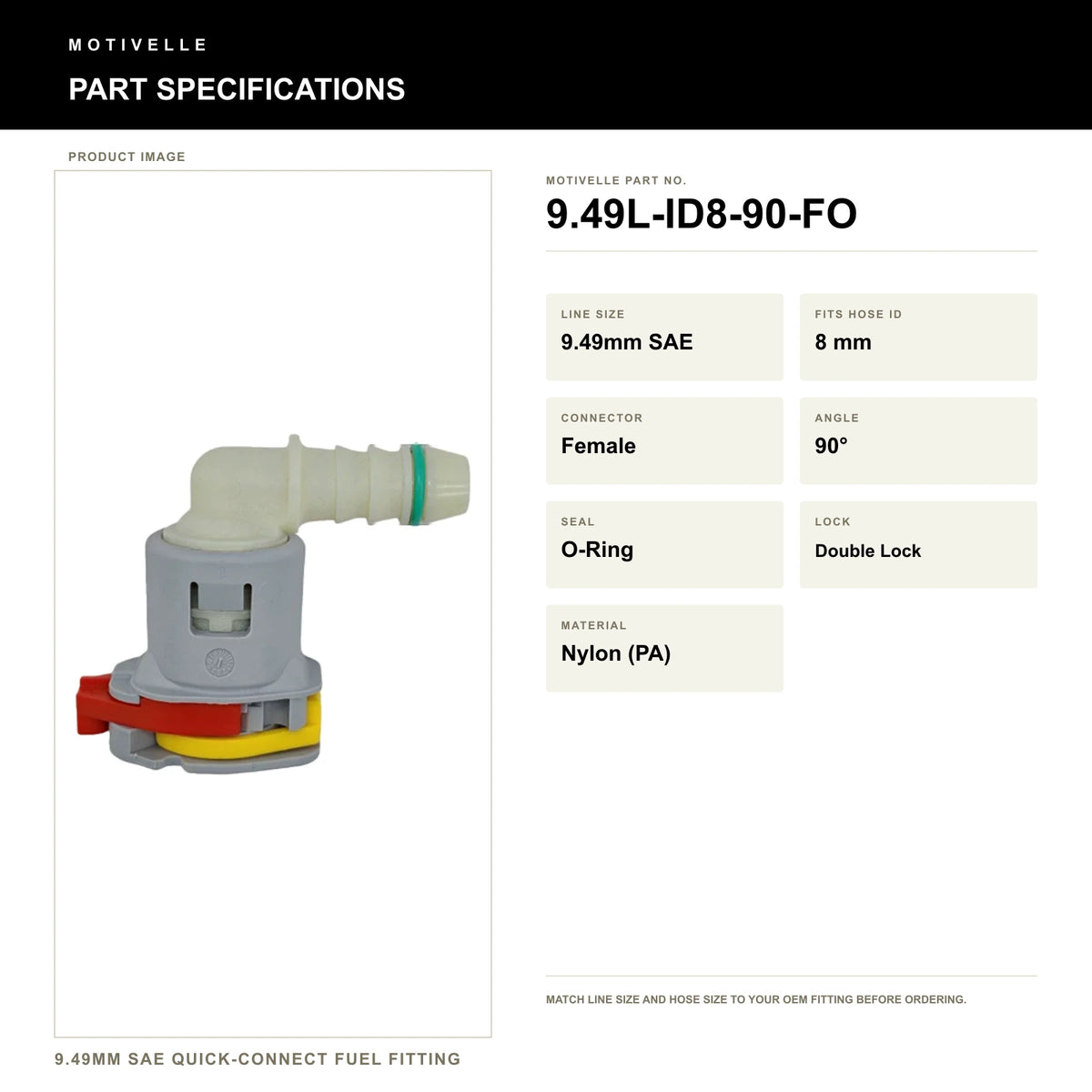 Motivelle 9.49mm SAE Quick-Connect Fuel Fitting — Female, 90°, O-Ring (9.49L-ID8-90-FO) - specifications