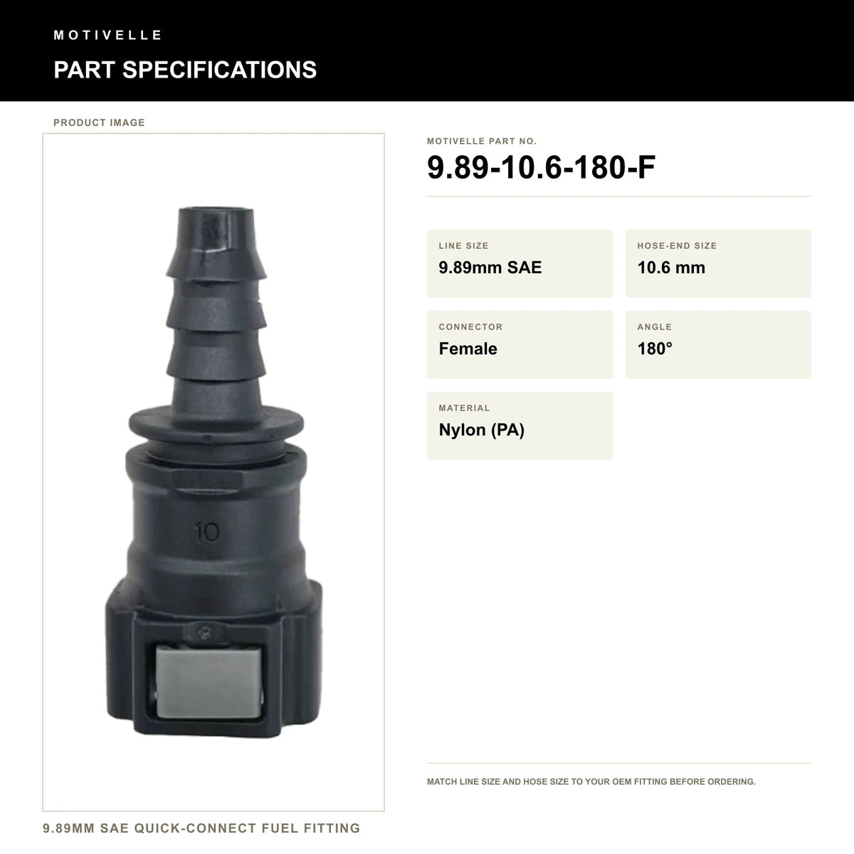 Motivelle 9.89mm SAE Quick-Connect Fuel Fitting — Female, 180° (9.89-10.6-180-F) - specifications