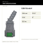 Motivelle 9.89mm SAE Quick-Connect Fuel Fitting — Female, 45° (9.89-10.6-45-F) - specifications