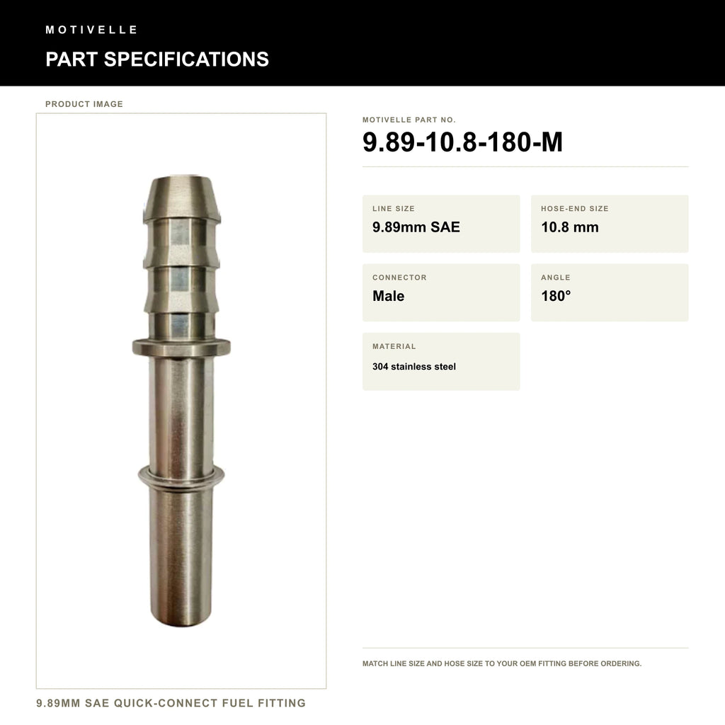Motivelle 9.89mm SAE Quick-Connect Fuel Fitting — Male, 180° (9.89-10.8-180-M) - specifications