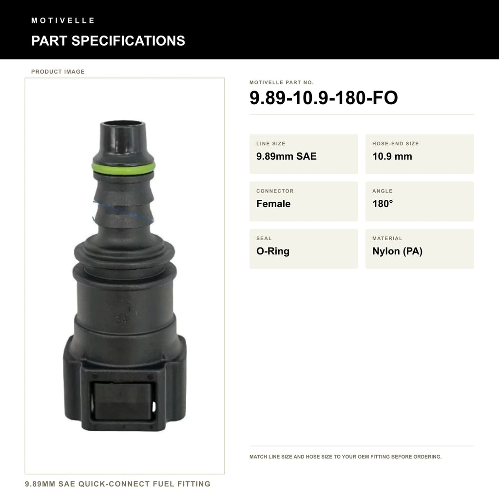 Motivelle 9.89mm SAE Quick-Connect Fuel Fitting — Female, 180°, O-Ring (9.89-10.9-180-FO) - specifications