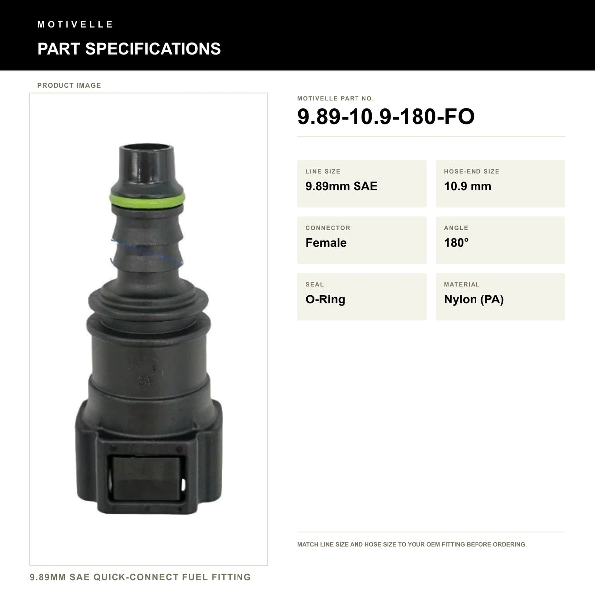 Motivelle 9.89mm SAE Quick-Connect Fuel Fitting — Female, 180°, O-Ring (9.89-10.9-180-FO) - specifications