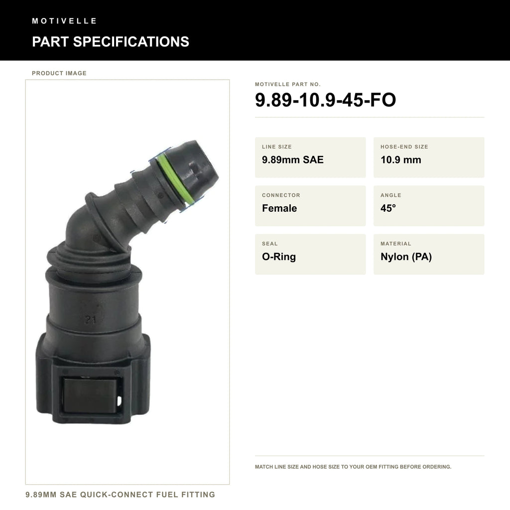 Motivelle 9.89mm SAE Quick-Connect Fuel Fitting — Female, 45°, O-Ring (9.89-10.9-45-FO) - specifications