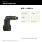 Motivelle 9.89mm SAE Quick-Connect Fuel Fitting — Female, 90°, O-Ring (9.89-10.9-90-FO) - specifications