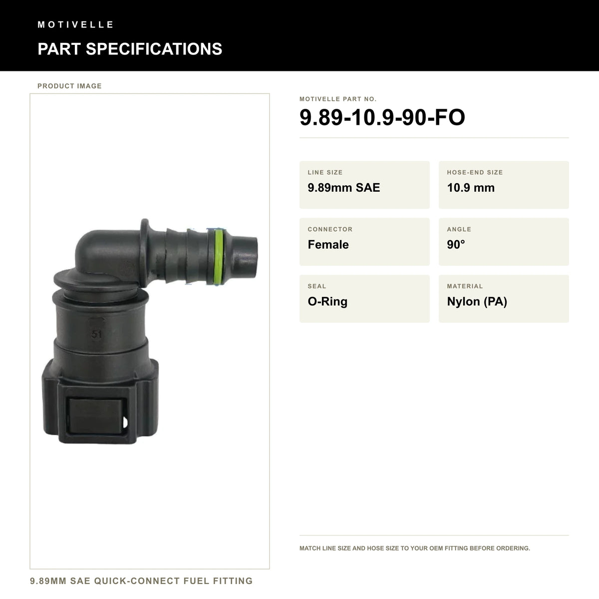 Motivelle 9.89mm SAE Quick-Connect Fuel Fitting — Female, 90°, O-Ring (9.89-10.9-90-FO) - specifications