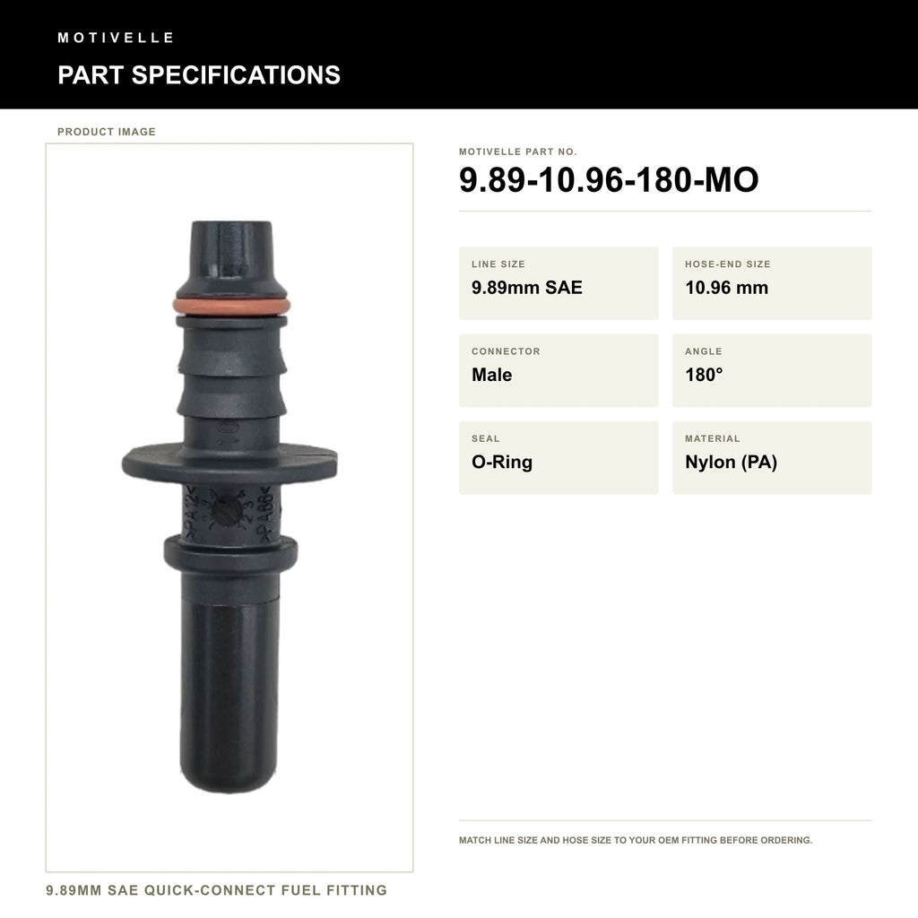 Motivelle 9.89mm SAE Quick-Connect Fuel Fitting — Male, 180°, O-Ring (9.89-10.96-180-MO) - specifications