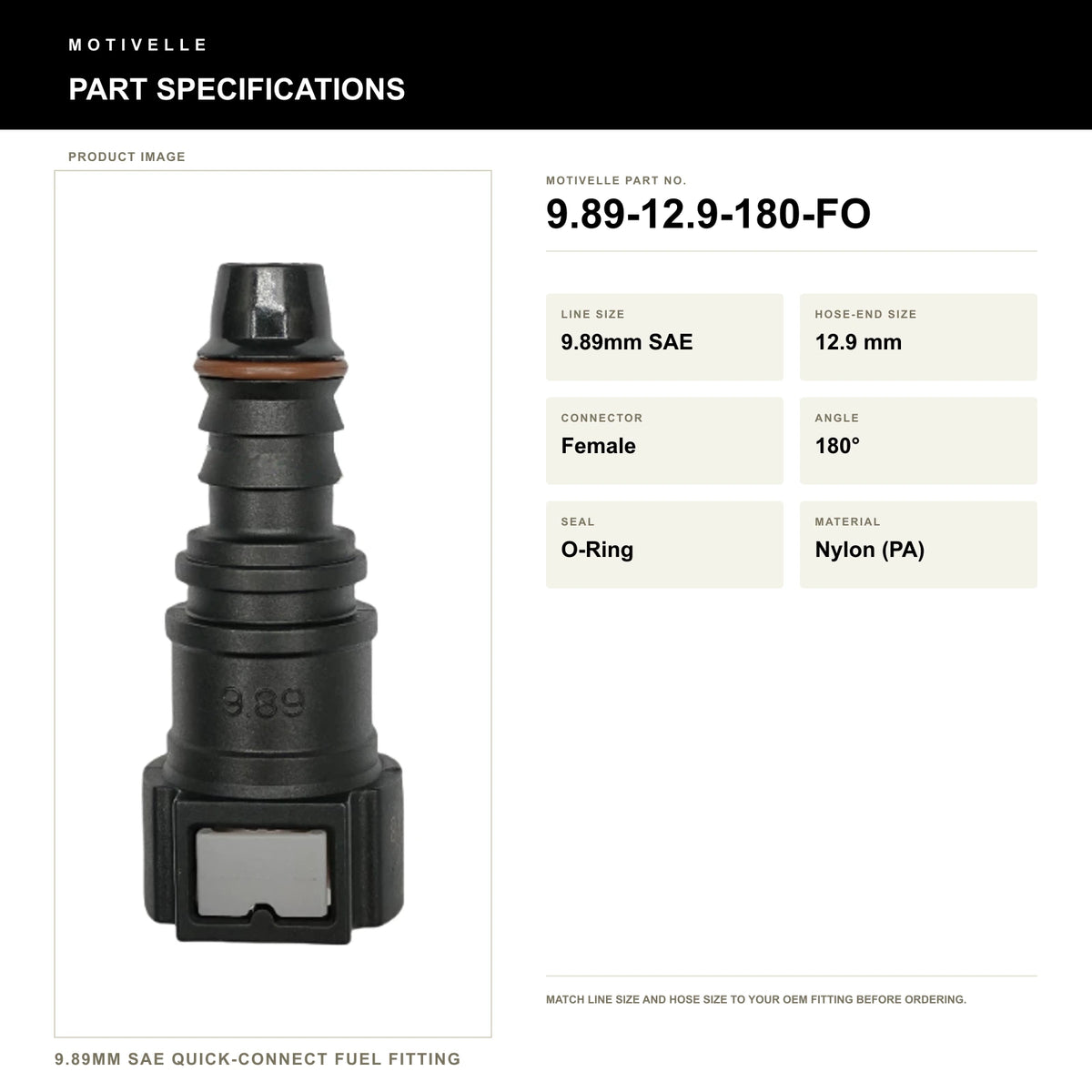 Motivelle 9.89mm SAE Quick-Connect Fuel Fitting — Female, 180°, O-Ring (9.89-12.9-180-FO) - specifications
