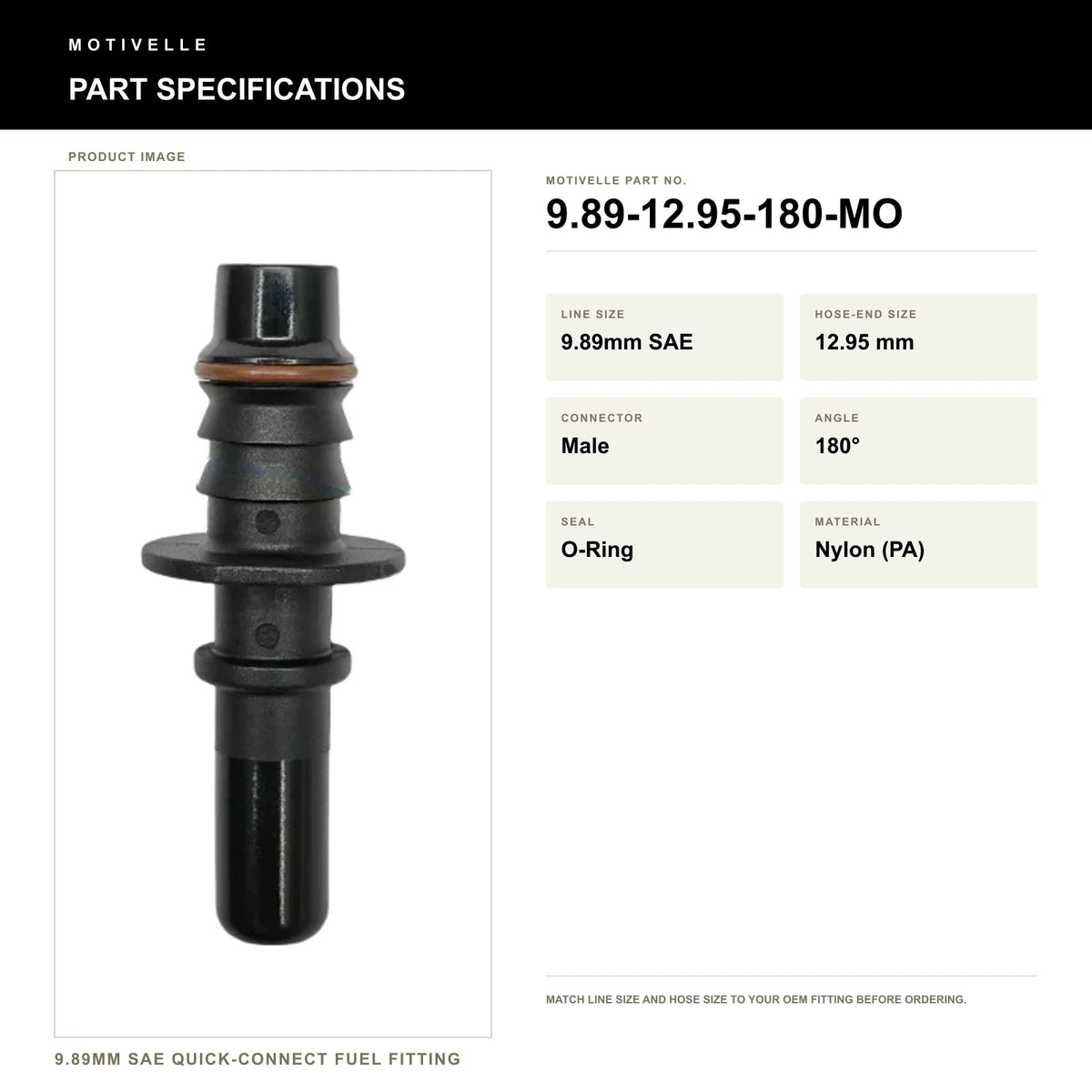 Motivelle 9.89mm SAE Quick-Connect Fuel Fitting — Male, 180°, O-Ring (9.89-12.95-180-MO) - specifications