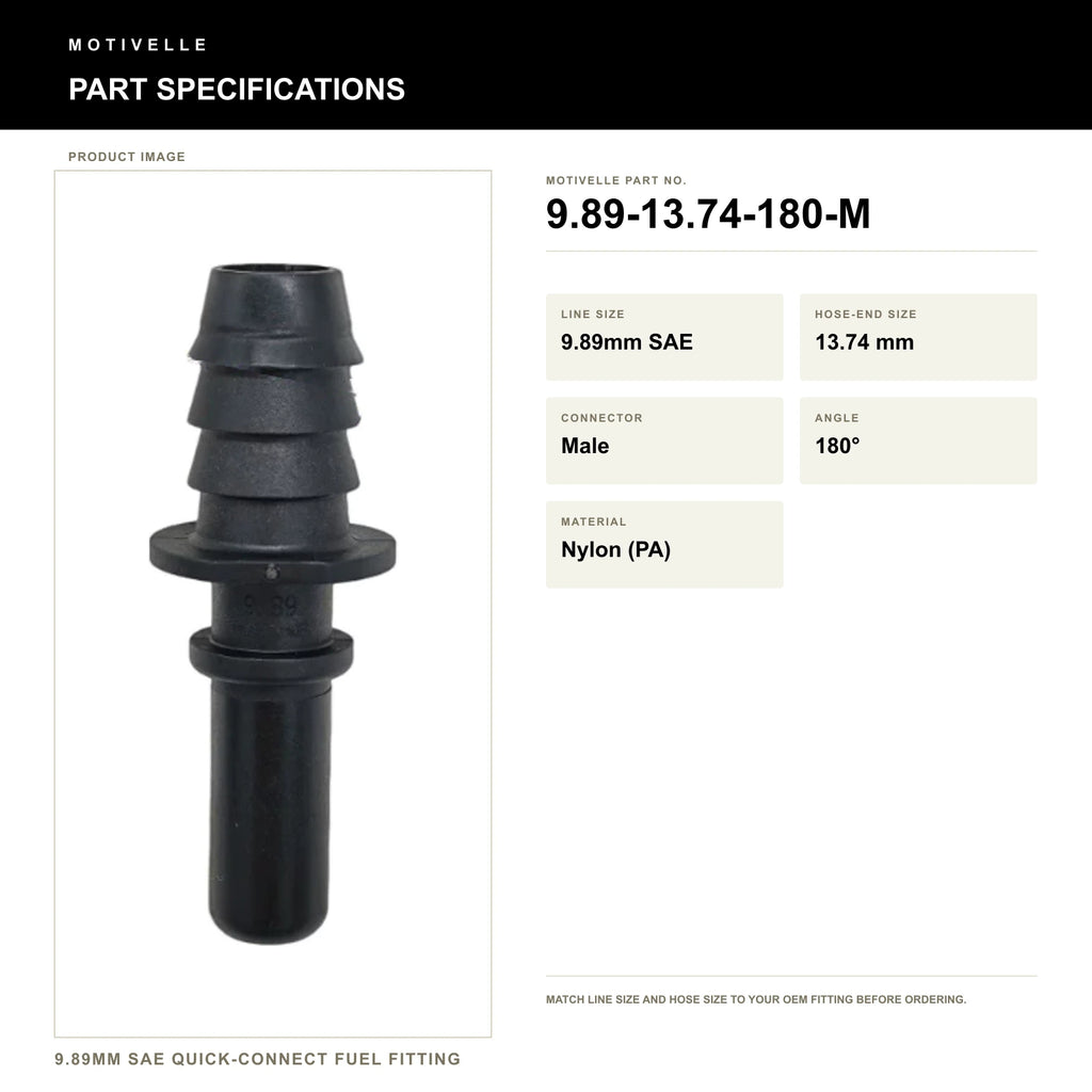 Motivelle 9.89mm SAE Quick-Connect Fuel Fitting — Male, 180° (9.89-13.74-180-M) - specifications