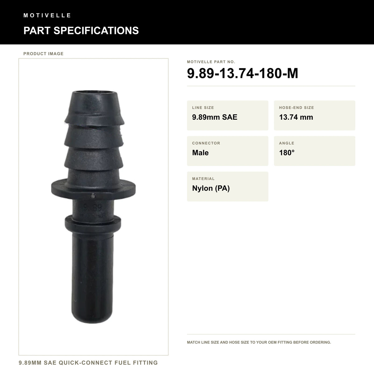 Motivelle 9.89mm SAE Quick-Connect Fuel Fitting — Male, 180° (9.89-13.74-180-M) - specifications