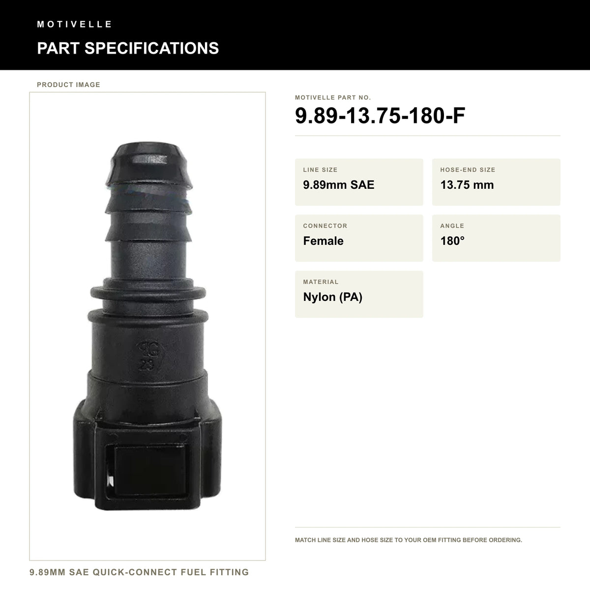 Motivelle 9.89mm SAE Quick-Connect Fuel Fitting — Female, 180° (9.89-13.75-180-F) - specifications