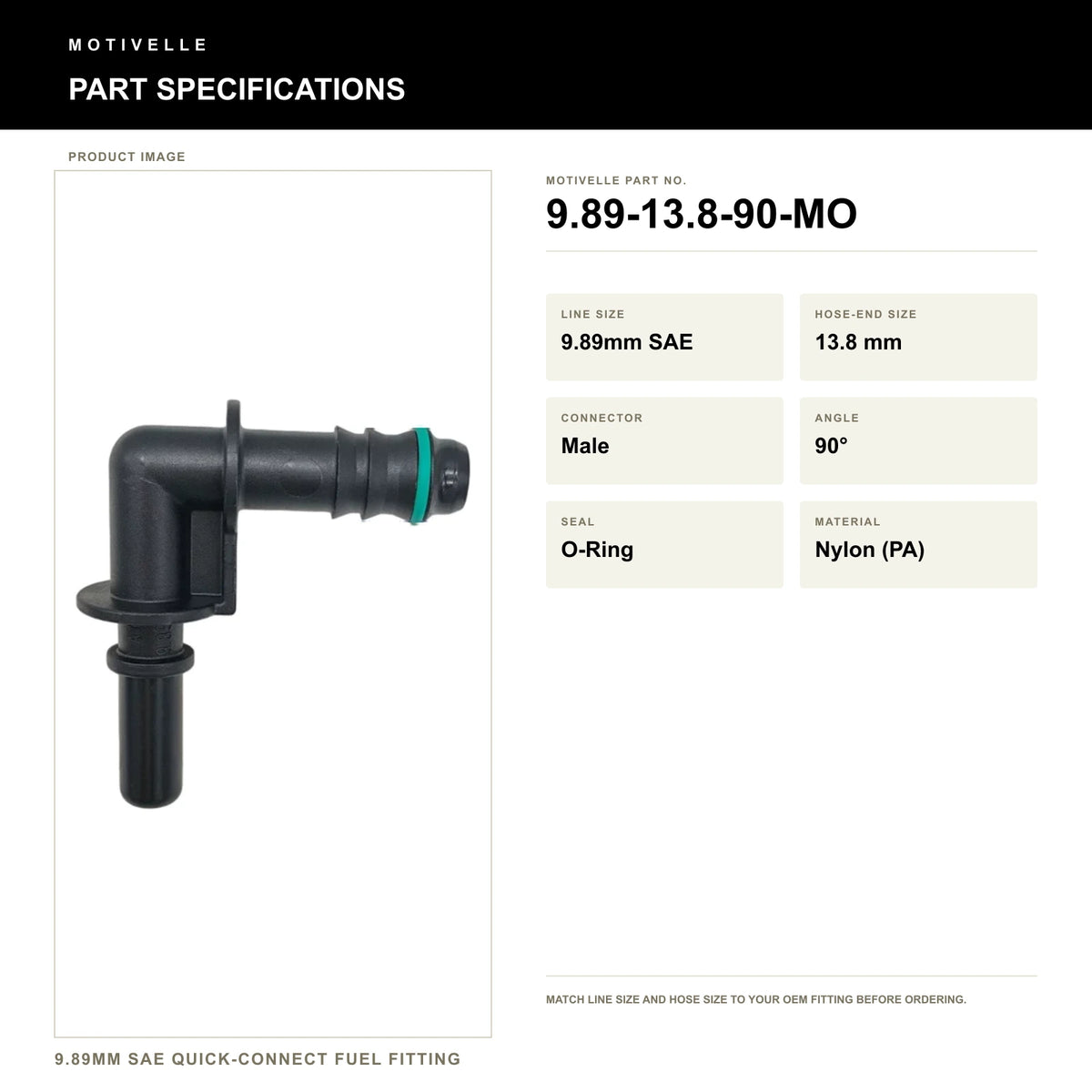 Motivelle 9.89mm SAE Quick-Connect Fuel Fitting — Male, 90°, O-Ring (9.89-13.8-90-MO) - specifications