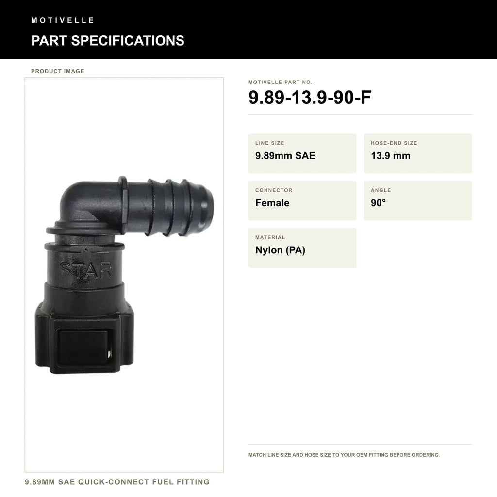 Motivelle 9.89mm SAE Quick-Connect Fuel Fitting — Female, 90° (9.89-13.9-90-F) - specifications