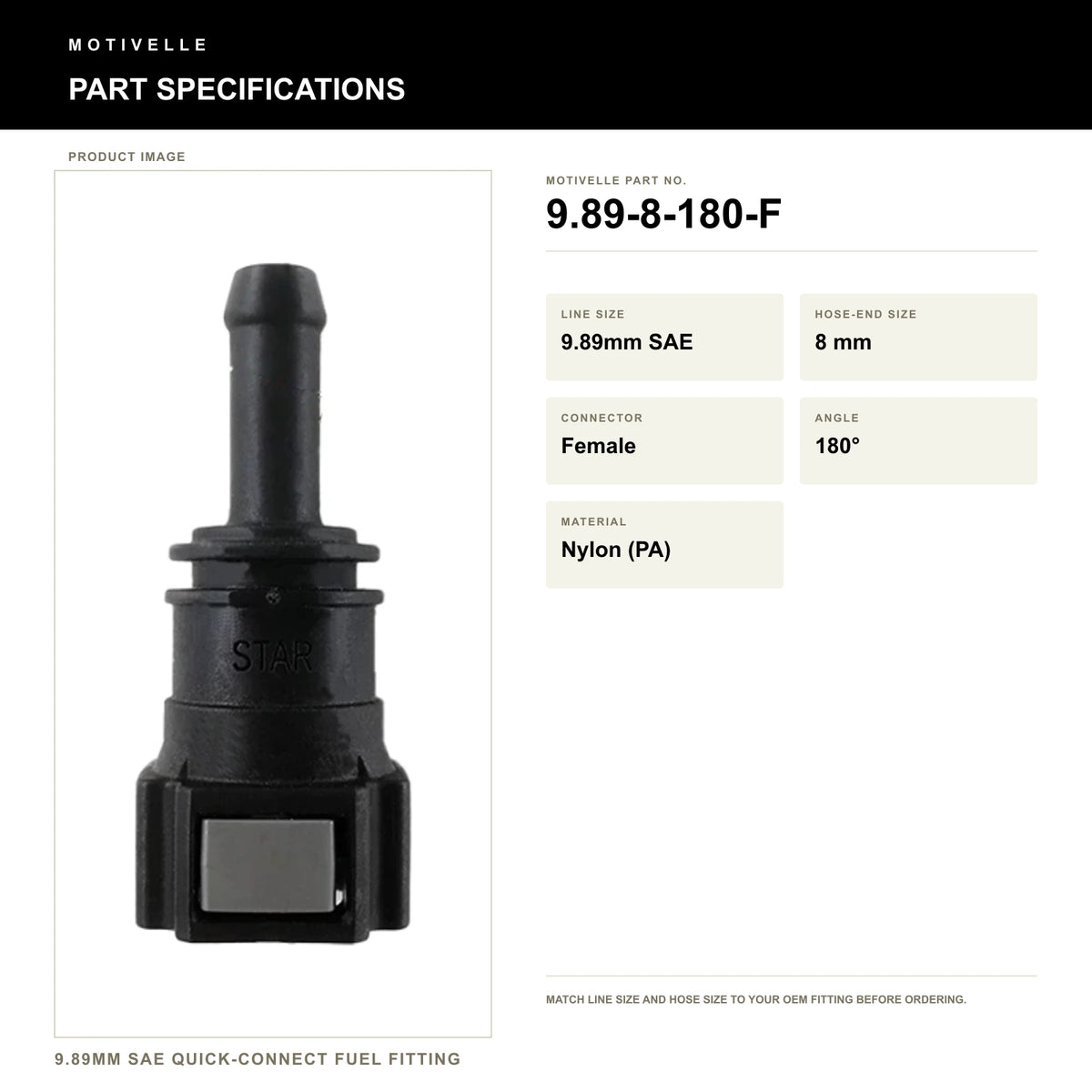 Motivelle 9.89mm SAE Quick-Connect Fuel Fitting — Female, 180° (9.89-8-180-F) - specifications