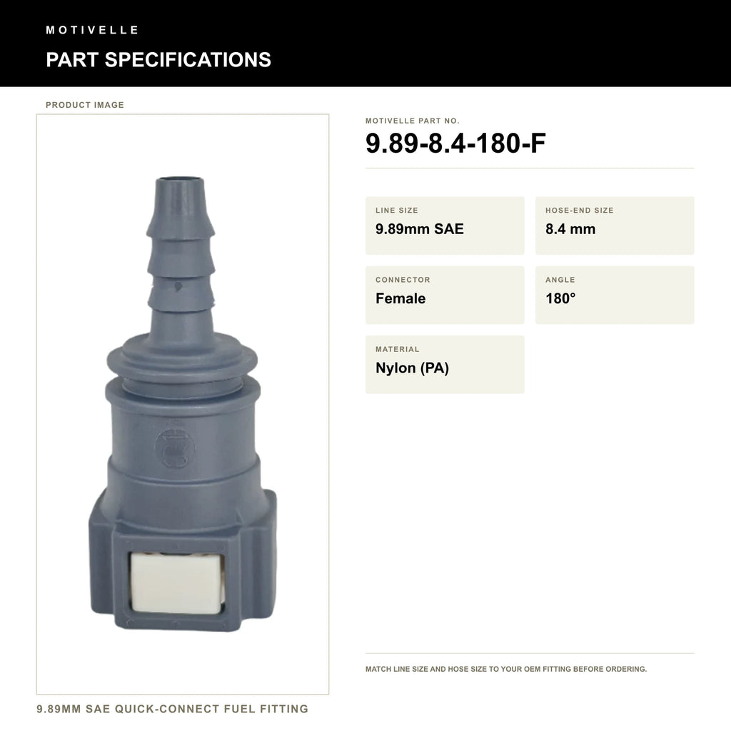Motivelle 9.89mm SAE Quick-Connect Fuel Fitting — Female, 180° (9.89-8.4-180-F) - specifications