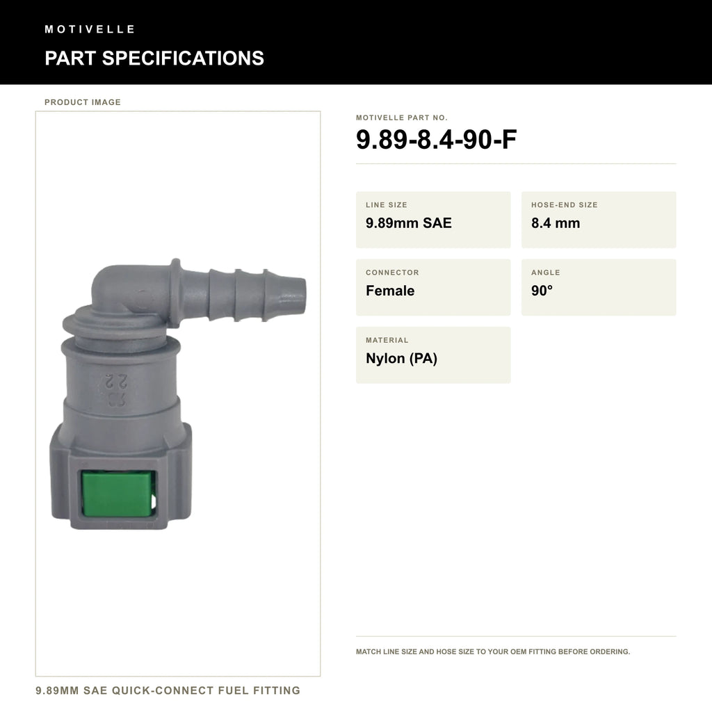 Motivelle 9.89mm SAE Quick-Connect Fuel Fitting — Female, 90° (9.89-8.4-90-F) - specifications