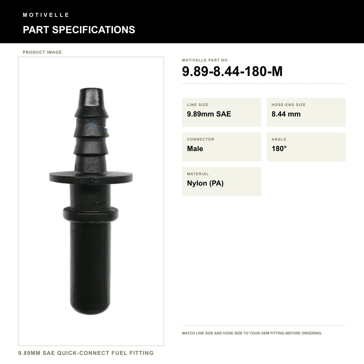 Motivelle 9.89mm SAE Quick-Connect Fuel Fitting — Male, 180° (9.89-8.44-180-M) - specifications