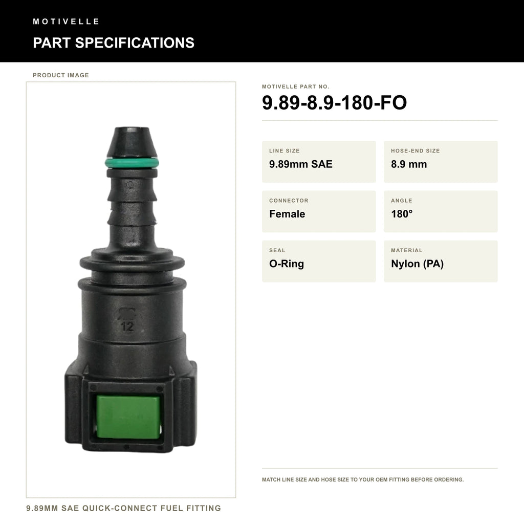 Motivelle 9.89mm SAE Quick-Connect Fuel Fitting — Female, 180°, O-Ring (9.89-8.9-180-FO) - specifications