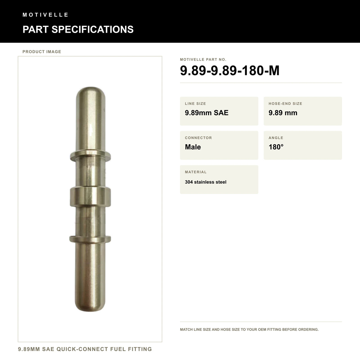 Motivelle 9.89mm SAE Quick-Connect Fuel Fitting — Male, 180° (9.89-9.89-180-M) - specifications
