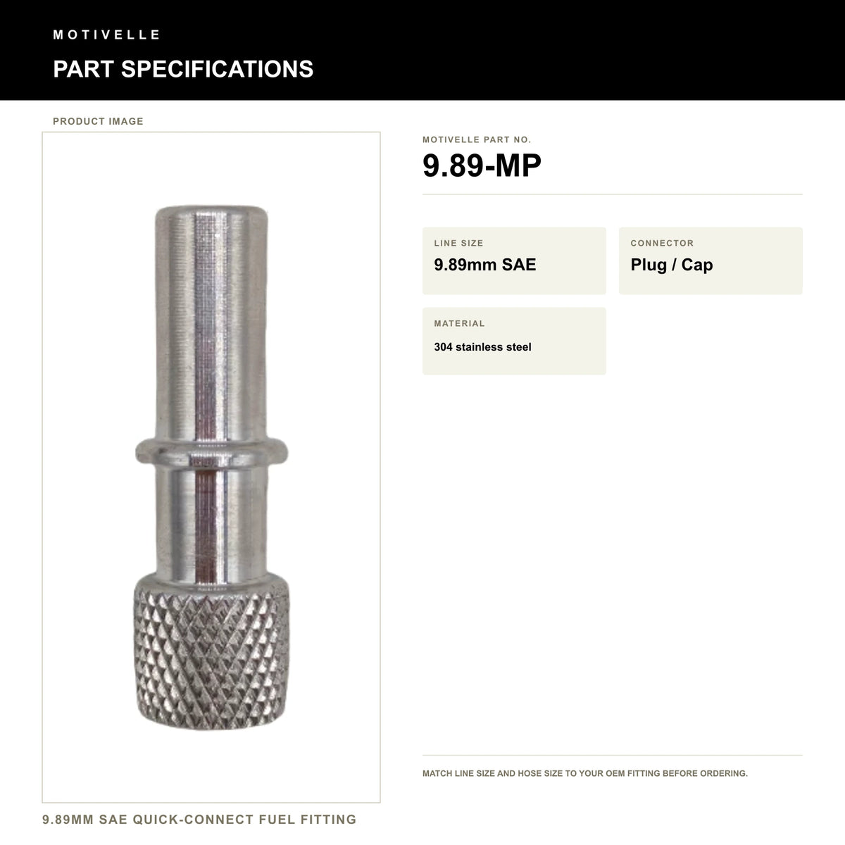Motivelle 9.89mm SAE Quick-Connect Fuel Fitting — Plug / Cap, See SKU (9.89-MP) - specifications