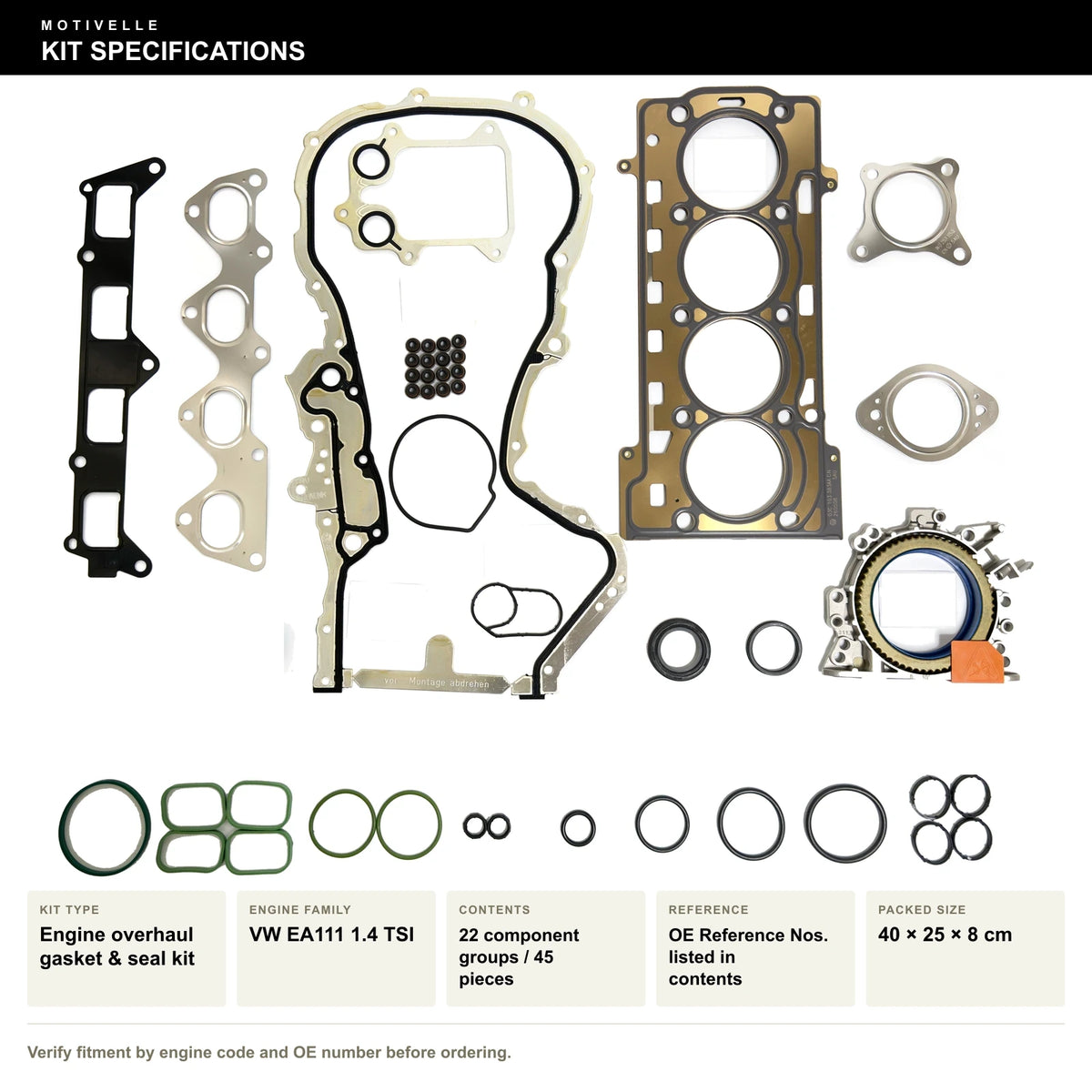 VW EA111 1.4 TSI Engine Overhaul Gasket & Seal Kit - kit specifications