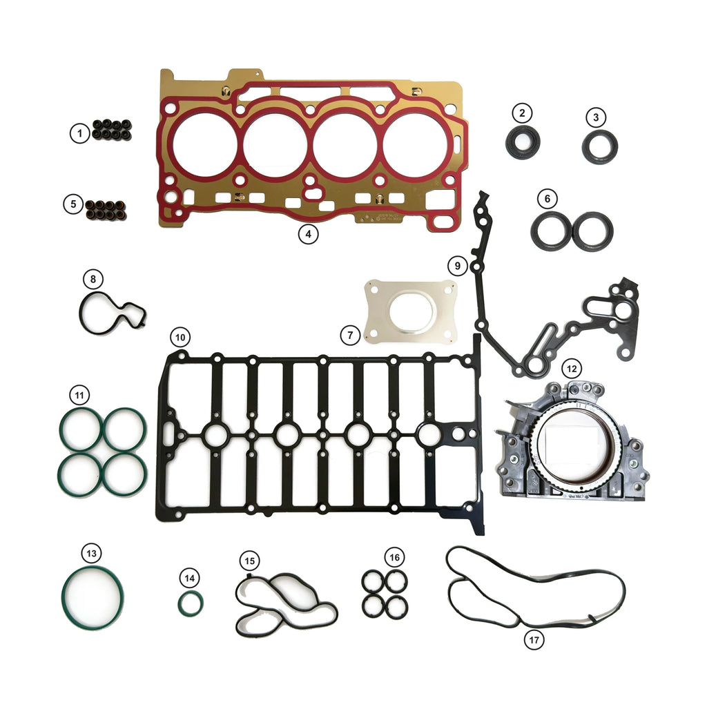 VW EA211 1.4 TSI Engine Overhaul Gasket & Seal Kit - numbered components 1 to 17