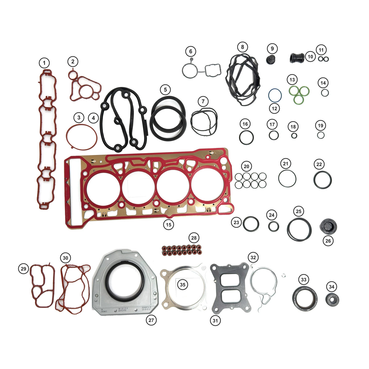 VW EA888 Gen3 2.0 TSI Engine Overhaul Gasket & Seal Kit - numbered components 1 to 35