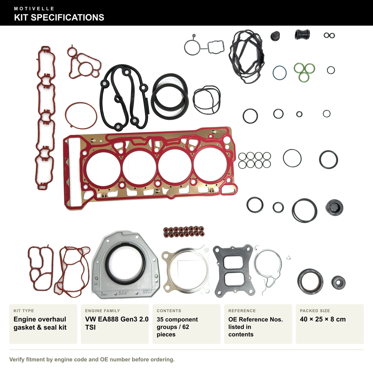 VW EA888 Gen3 2.0 TSI Engine Overhaul Gasket & Seal Kit - kit specifications