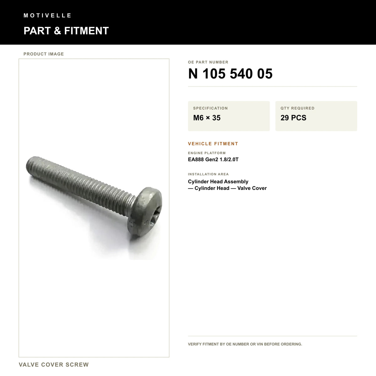 VW Audi EA888 Gen2 1.8/2.0T Valve Cover Screw N 105 540 05 M6x35 - product information