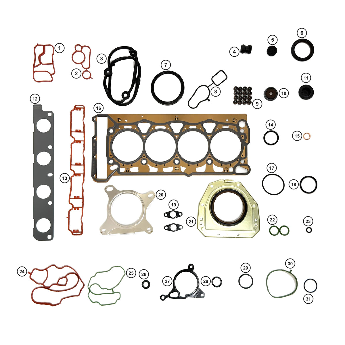 VW EA888 Gen2 Transverse Engine Overhaul Gasket & Seal Kit - numbered components 1 to 31