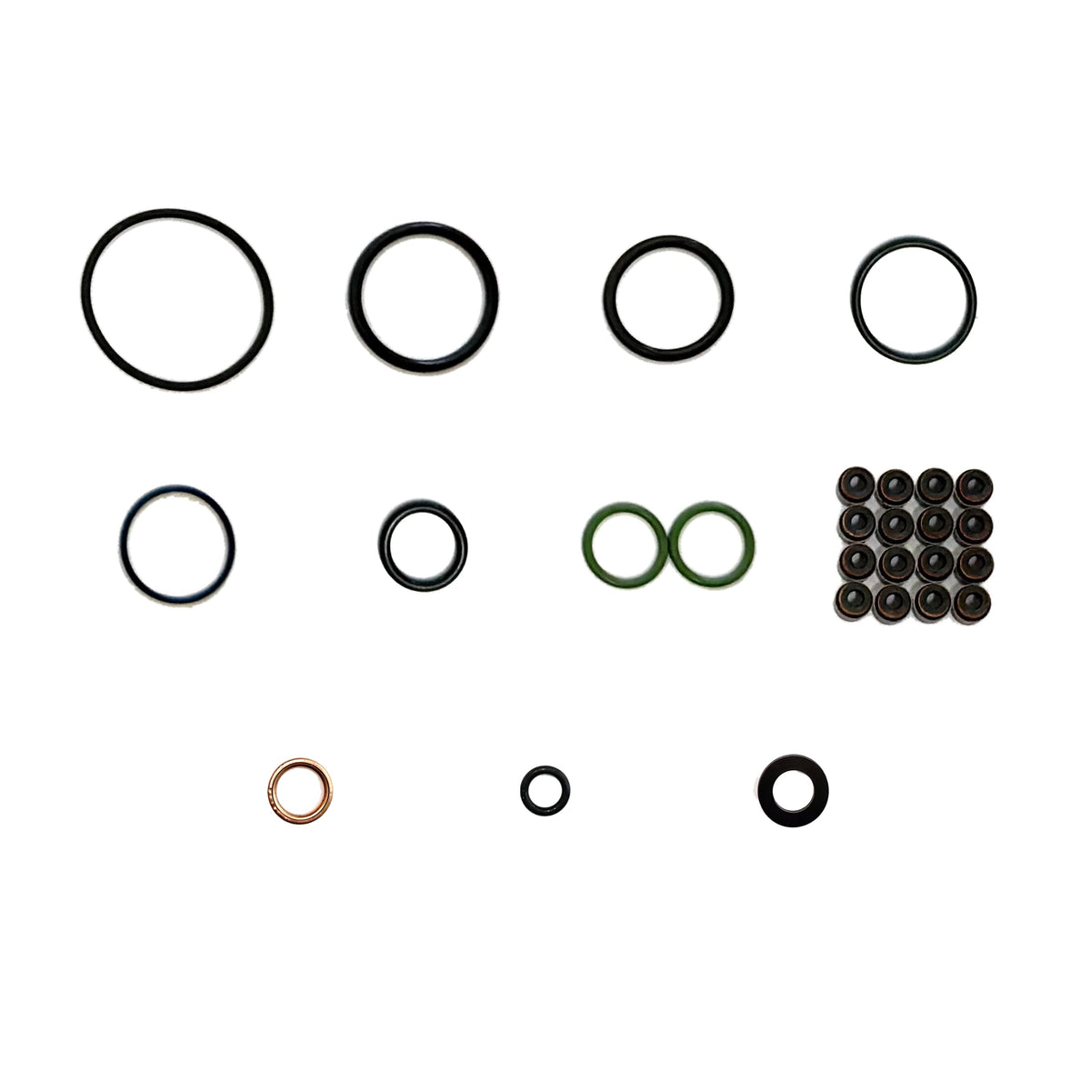 VW EA888 Gen2 Transverse Engine Overhaul Gasket & Seal Kit - small seals, O-rings and washers shown at true relative size